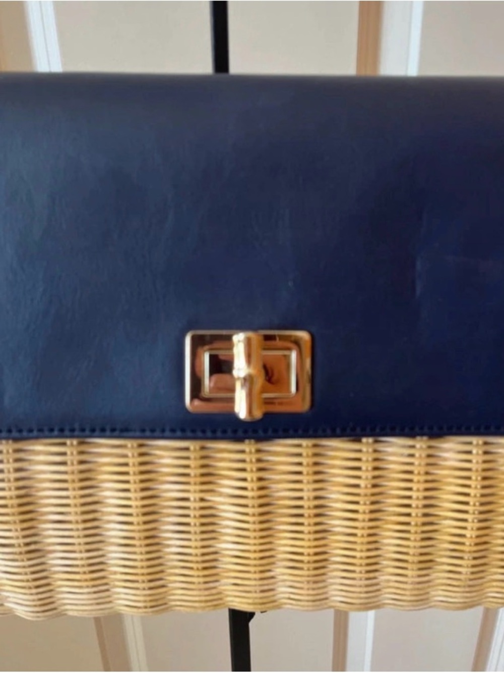 Talbots Woven Rattan and Navy Leather Basket Bag with Gold Hardware